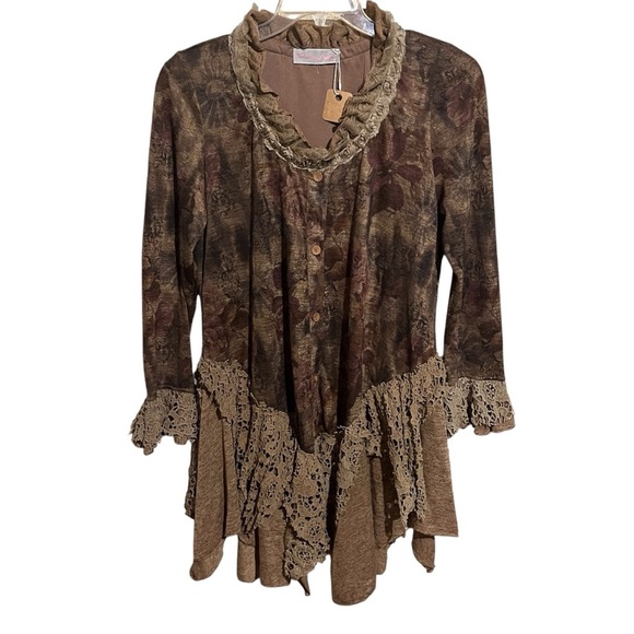 Pretty Angel Top Brown Floral Button Fairy Core Lace Gypsy Festival Whimsigoth - Picture 1 of 11